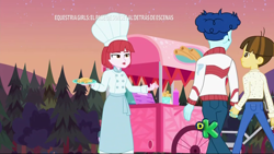 Size: 1280x720 | Tagged: safe, screencap, curly winds, some blue guy, wiz kid, better together, equestria girls, sunset's backstage pass!, chef outfit, chef's hat, churros, clothes, discovery kids, evening, female, food, food cart, gay, hat, holding hands, jacket, looking at each other, looking at someone, male, outdoors, pants, plate, puffed pastry, shipping, shipping fuel, sky, spanish, tree, walking, wizwinds