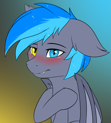 Size: 1885x2083 | Tagged: safe, artist:snowstormbat, oc, oc:midnight snowstorm, bat pony, pony, blushing, heterochromia, looking at you, male, solo