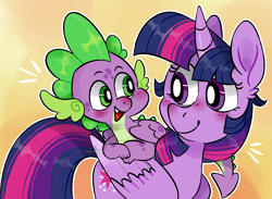 Size: 1280x935 | Tagged: safe, artist:incubugs, artist:mega-bugsly, spike, twilight sparkle, twilight sparkle (alicorn), alicorn, dragon, pony, blushing, cute, fangs, female, happy, looking at each other, male, mare, simple background, smiling, winged spike, wings, yellow background