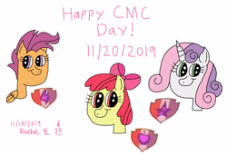 Size: 2888x1977 | Tagged: safe, artist:royalsmurf, artist:smurfettyblue, apple bloom, scootaloo, sweetie belle, earth pony, pegasus, pony, unicorn, cmc day, cutie mark, cutie mark crusader day, cutie mark crusaders, female, filly, older, older apple bloom, older cmc, older scootaloo, older sweetie belle, pink text, signature, simple background, the cmc's cutie marks, white background