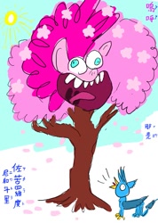 Size: 755x1058 | Tagged: safe, artist:horsesplease, gallus, pinkie pie, earth pony, pony, my little pony: pony life, aten, cherry blossoms, crowing, faic, flower, flower blossom, gallus the rooster, japanese, sakura pie, screaming, sun, tree, wat