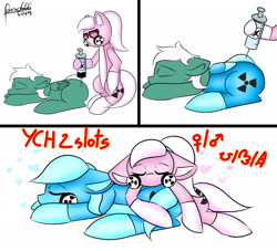 Size: 2200x2000 | Tagged: safe, artist:foxxo666, pony, comic, commission, cute, fetish, injection, needle, radioactive, rubber drone, sleeping, syringe, ych example, your character here
