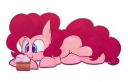 Size: 3600x2300 | Tagged: safe, artist:packy paca, pinkie pie, earth pony, pony, colored pupils, cupcake, cute, diapinkes, female, food, high res, lying down, mare, simple background, solo, transparent background