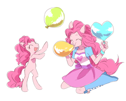 Size: 1500x1201 | Tagged: safe, artist:keep, pinkie pie, earth pony, pony, equestria girls, balloon, blowing up balloons, cute, diapinkes, eyes closed, female, heart balloon, human ponidox, mare, missing cutie mark, open mouth, pixiv, ponied up, rearing, self ponidox, sitting
