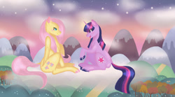 Size: 1198x667 | Tagged: safe, artist:nastylittlecuss, derpibooru import, fluttershy, twilight sparkle, unicorn twilight, pegasus, pony, unicorn, blushing, cloud, colored hooves, cute, dirt path, female, flower, lesbian, mare, mountain, open mouth, shipping, shyabetes, sitting, sky, smiling, stars, tree, twiabetes, twishy, unshorn fetlocks