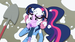 Size: 1600x900 | Tagged: safe, screencap, sci-twi, twilight sparkle, better together, equestria girls, holidays unwrapped, clothes, coat, cute, geode of telekinesis, glasses, jewelry, lying down, magical geodes, messy, necklace, ponytail, shovel, snow, solo, twiabetes, winter outfit