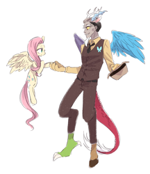 Size: 1250x1449 | Tagged: safe, artist:keep, discord, fluttershy, equestria girls, duo, equestria girls-ified, hat, looking at each other, pixiv, simple background, smiling, white background