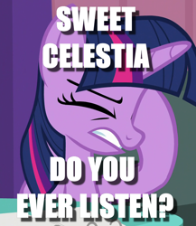 Size: 776x896 | Tagged: safe, edit, edited screencap, screencap, twilight sparkle, twilight sparkle (alicorn), alicorn, a trivial pursuit, caption, cropped, facehoof, frustrated, image macro, solo, text