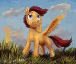 Size: 4096x3435 | Tagged: safe, artist:misstwipietwins, scootaloo, pegasus, pony, cloud, grass field, sky, solo, spread wings