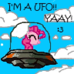 Size: 800x800 | Tagged: safe, artist:fizzyrox, pinkie pie, earth pony, pony, cloud, eyes closed, female, flying, mare, smiling, solo, speech, ufo