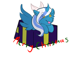 Size: 1280x1024 | Tagged: safe, artist:demonfall, oc, oc:fleurbelle, alicorn, adorable face, alicorn oc, bow, box, cute, female, golden eyes, hair bow, mare, present, tongue out