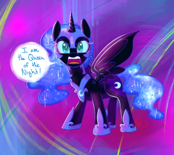 Size: 1000x888 | Tagged: safe, artist:ryuredwings, nightmare moon, alicorn, pony, abstract background, cute, ethereal mane, fangs, female, filly, looking at you, moonabetes, nightmare woon, open mouth, slit eyes, solo, spread wings, standing, talking, talking to viewer, weapons-grade cute, wings, younger