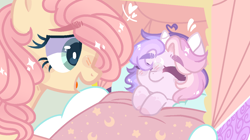 Size: 1280x718 | Tagged: safe, artist:moon-rose-rosie, artist:peppermintfox, fluttershy, oc, oc:celestial moon, alicorn, pegasus, pony, alicorn oc, alternate design, baby, baby carriage, baby pony, base used, female, foal, hair over one eye, magical lesbian spawn, mare, offspring, parent:rainbow dash, parent:twilight sparkle, parents:twidash