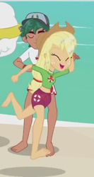 Size: 288x540 | Tagged: safe, screencap, applejack, bulk biceps, timber spruce, better together, equestria girls, turf war, applejack's hat, barefoot, beach, clothes, cowboy hat, eyes closed, feet, female, geode of super strength, hat, legs, lifeguard, lifeguard applejack, lifeguard timber, magical geodes, male, male feet, offscreen character, shorts, spread toes, wet hair