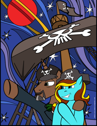 Size: 612x792 | Tagged: safe, artist:samoht-lion, pegasus, pony, clothes, duo, female, flag, hat, hooves together, john de lancie, jupiter, male, mare, pirate hat, pointing, ponified, side hug, skull and crossbones, space, stallion