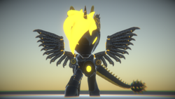 Size: 3840x2160 | Tagged: safe, artist:phoenixtm, oc, oc:phoenix stardash, dracony, hybrid, 3d, armor, battle stance, dracony alicorn, glow, minigun, power armor, reflection, spread wings, weapon, wings