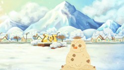 Size: 1600x900 | Tagged: safe, screencap, better together, equestria girls, holidays unwrapped, carrot, cloud, cookie, fake, food, house, houses, mashed potato snowman, mashed potatoes, mountain, painting, plaque, potato, scenery, setup, snow