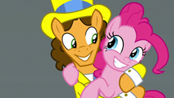 Size: 1920x1080 | Tagged: safe, screencap, cheese sandwich, pinkie pie, earth pony, pony, the last laugh, brown mane, duo, female, male, mare, orange coat, pink coat, pink mane, stallion