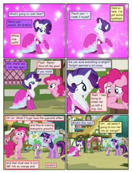 Size: 612x802 | Tagged: safe, artist:newbiespud, artist:winged cat, edit, edited screencap, screencap, pinkie pie, rarity, spike, twilight sparkle, unicorn twilight, dragon, earth pony, pony, unicorn, collaboration, comic:friendship is dragons, too many pinkie pies, bipedal, clothes, comic, dialogue, dress, eyes closed, female, male, mare, ponyville, raised hoof, screencap comic, slit eyes