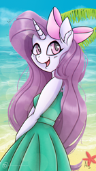 Size: 1080x1920 | Tagged: safe, artist:obscuredragone, oc, oc:violin melody, anthro, horse, unicorn, beach, bow, clothes, cute, dress, female, goth, gothic, green dress, hair bow, happy, horn, hot, light skin, long hair, mare, ocean, palm, photo, pink bow, pink eyes, pink ribbon, purple mane, ribbon, solo, starfish, summer, sweet, wave