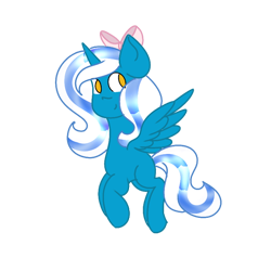 Size: 600x600 | Tagged: safe, artist:thatonepeggles, oc, oc:fleurbelle, alicorn, pony, alicorn oc, bow, cute, female, flying, hair bow, looking back, mare