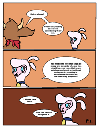 Size: 612x792 | Tagged: safe, artist:newbiespud, artist:paper shadow, arizona cow, pom lamb, cow, lamb, sheep, comic:friendship is dragons, them's fightin' herds, comic, community related, dialogue, female, neckerchief