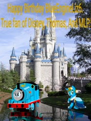 Size: 856x1144 | Tagged: safe, artist:f1master45, oc, oc:blue angel, pony, birthday, clothes, crowded, disney, disney castle, disneyland, dress, gala dress, non-mlp oc, non-pony oc, reflection, thomas and friends, thomas the tank engine