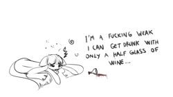 Size: 2264x1280 | Tagged: safe, artist:kamikazelenna, oc, oc only, oc:lenna, earth pony, pony, alcohol, drunk, female, glass, lineart, lying down, mare, monochrome, simple background, sketch, solo, text, vulgar, wine glass