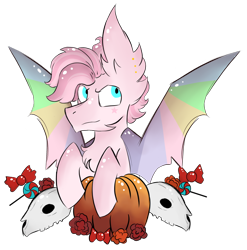 Size: 924x936 | Tagged: safe, artist:hunterthewastelander, oc, oc only, bat pony, pony, bat pony oc, candy, chest fluff, commission, ear fluff, flower, food, impossibly large ears, male, pumpkin, simple background, skull, solo, spread wings, stallion, transparent background, wings, ych result