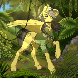 Size: 2000x2000 | Tagged: safe, artist:twotail813, daring do, pegasus, pony, cheek fluff, chest fluff, clothes, crepuscular rays, ear fluff, female, forest, hat, jungle, leg fluff, mare, mouth hold, raised hoof, solo, whip, wings