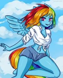 Size: 1034x1280 | Tagged: safe, artist:yutakira92, derpibooru import, rainbow dash, anthro, fly, pegasus, belly button, breasts, cleavage, clothes, cloud, female, looking at you, mare, midriff, sexy, short shirt, shorts, sky, solo, stupid sexy rainbow dash, wings