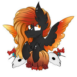 Size: 1000x1000 | Tagged: safe, artist:hunterthewastelander, oc, oc only, oc:fire drift, pegasus, pony, candy, chest fluff, commission, ear fluff, flower, food, impossibly large ears, male, pegasus oc, pumpkin, simple background, skull, solo, stallion, transparent background, wings, ych result