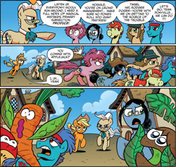 Size: 1795x1699 | Tagged: safe, artist:brendahickey, idw, applejack, mayor mare, earth pony, pony, unicorn, friends forever, spoiler:comic, spoiler:comicff15, carrot, female, food, food transformation, fruit, hoggle, kiwi (food), male, mare, rodger dodger, run-around, stallion, tinsel hat, vegetables, wooly