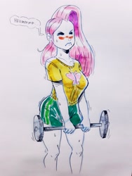 Size: 1536x2048 | Tagged: safe, artist:raph13th, fluttershy, human, barbell, clothes, gym uniform, humanized, lifting, marker drawing, shorts, struggling, sweat, traditional art, weight lifting, weights, workout, workout outfit