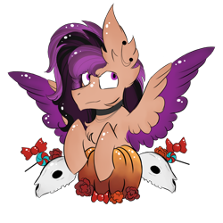 Size: 1000x1000 | Tagged: safe, artist:hunterthewastelander, oc, oc only, oc:ponebox, pegasus, pony, candy, chest fluff, commission, ear fluff, flower, food, impossibly large ears, pegasus oc, pumpkin, simple background, skull, solo, transparent background, wings, ych result