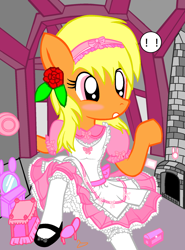 Size: 1448x1952 | Tagged: safe, artist:avchonline, oc, oc only, oc:sean, pegasus, semi-anthro, alice in wonderland, blushing, chimney, clothes, colt, crossdressing, crossover, dress, exclamation point, femboy, flower, flower in hair, male, shoes, solo