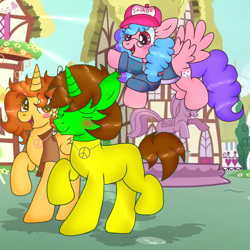 Size: 2048x2048 | Tagged: safe, artist:doraeartdreams-aspy, oc, oc:aspen, oc:bella pinksavage, oc:ryan, alicorn, pony, alicorn oc, base used, bodysuit, brother and sister, catsuit, clothes, eyes closed, female, future, glasses, hat, hippie, jacket, jewelry, male, necklace, peace suit, peace symbol, peaceful, ponyville, rubber suit, shadow, siblings, sisters, strolling, timeskip