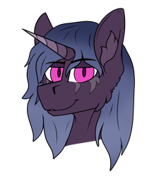 Size: 1878x2154 | Tagged: safe, oc, oc only, oc:sisorsten, pony, unicorn, blue mane, bust, faded mane, gradient horn, magenta eyes, purple fur, solo