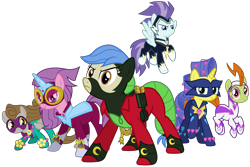 Size: 7500x5000 | Tagged: safe, alternate version, artist:90sigma, artist:lucefudu, idw, fili-second, masked matter-horn, mistress marevelous, radiance, saddle rager, zapp, earth pony, pegasus, pony, unicorn, .svg available, 3d, gmod, idw showified, power ponies, simple background, source filmmaker, svg, transparent background, vector