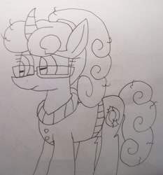 Size: 2788x2992 | Tagged: safe, artist:徐詩珮, glitter drops, pony, unicorn, alternate hairstyle, female, glasses, glitter drops is not amused, lineart, mare, traditional art, unamused