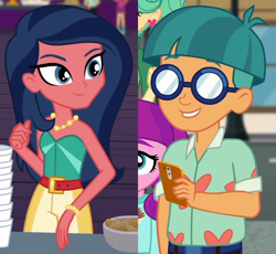 Size: 870x800 | Tagged: safe, screencap, desert sage, garden grove, lily longsocks, better together, equestria girls, spring breakdown, street magic with trixie, background human, bustier, cellphone, crack shipping, cropped, doodle bug, doosert, female, glasses, jewelry, male, necklace, phone, shipping, sleeveless, smartphone, straight, strapless