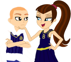 Size: 699x614 | Tagged: safe, artist:kayman13, equestria girls, bully, bully (video game), cheerleader outfit, clothes, crest, crossed arms, crossover, equestria girls-ified, female, hand on chin, hand on hip, jimmy hopkins, looking at each other, male, mandy wiles, ponytail, school uniform, simple background, symbol, transparent background, uniform, vest