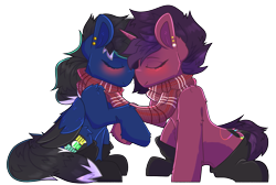 Size: 2451x1651 | Tagged: safe, artist:sailor, oc, oc only, oc:livewire, oc:rubellite, pegasus, pony, unicorn, 2020 community collab, blushing, clothes, couple, derpibooru community collaboration, female, lesbian, scarf, shared clothing, shared scarf, simple background, socks, transparent background