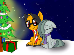 Size: 2048x1536 | Tagged: safe, artist:a.s.e, marble pie, oc, oc:a.s.e, canon x oc, christmas, christmas tree, clothes, couple, female, gift wrapped, happy, holiday, male, night, present, scarf, scarves, smiling, snow, tree