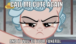 Size: 634x364 | Tagged: safe, edit, edited screencap, editor:undeadponysoldier, screencap, cozy glow, pegasus, pony, school raze, angry, caption, cozy glow is best facemaker, cozy glow is not amused, cozybetes, cute, death threat, edgy, female, filly, foal, freckles, i'm not cute, image macro, implied death, implied murder, logo, looking at you, madorable, nick jr., out of character, talking to viewer, text, threat, threatening