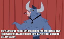 Size: 778x478 | Tagged: safe, edit, edited screencap, screencap, iron will, minotaur, putting your hoof down, book, caption, horns, image macro, pdf, reading, solo, talking, text, victorian, victorian age