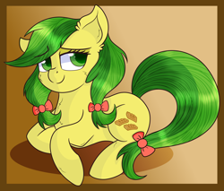 Size: 3000x2553 | Tagged: safe, artist:rainbowtashie, apple fritter, earth pony, pony, apple family member, bow, cheek fluff, chest fluff, cute, ear fluff, female, hair bow, mare, pigtails, redraw, simple background, smiling, solo, twintails