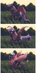 Size: 2580x5193 | Tagged: safe, artist:marinavermilion, oc, oc only, oc:dawn sentry, dracony, dragon, hybrid, pony, bat wings, claws, draconified, dragon wings, female, horns, injured, scales, solo, transformation, wings