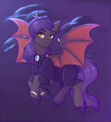 Size: 748x821 | Tagged: safe, artist:shinizavr, oc, oc only, oc:dawn sentry, bat pony, pony, armor, bat wings, female, flying, solo, wings