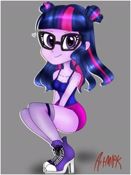 Size: 1536x2042 | Tagged: safe, artist:artmlpk, sci-twi, twilight sparkle, equestria girls, alternate hairstyle, clothes, converse, cute, design, looking at you, shoes, smiling, solo, tanktop